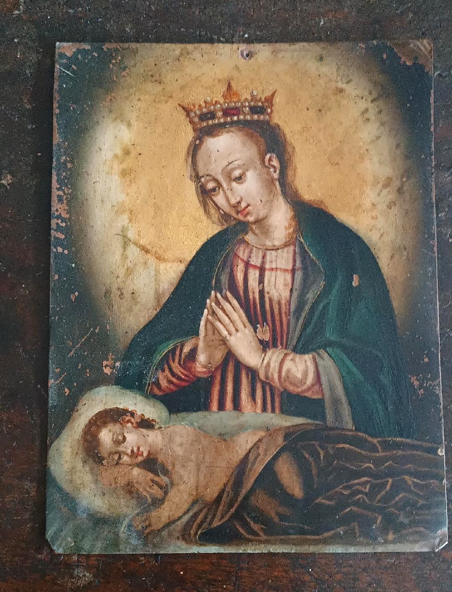 Antico dipinto su rame -XVII\XVIII secolo-Madonna con bambino dormiente