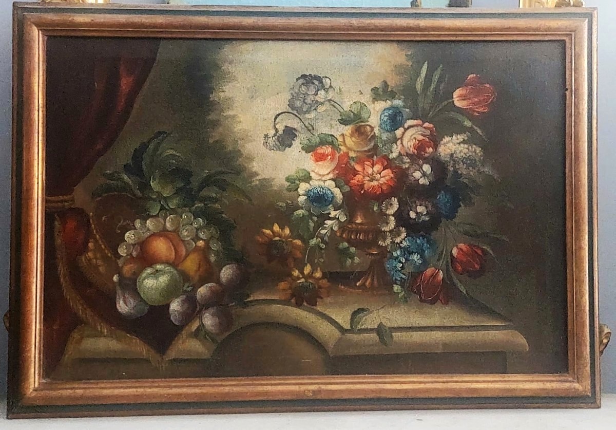 Dipinto olio su tela natura morta con fiori inizio  XIXsecolo Italia 99x69 cm