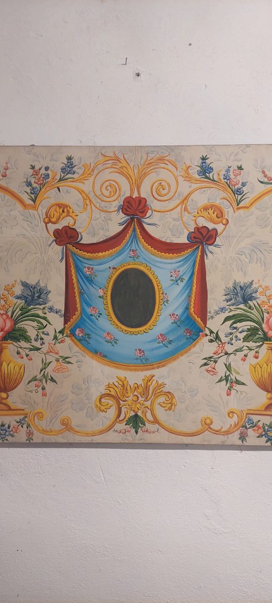 bellissimo pannello decorativo ,  dipinto a  tempera su carta riportata su tela, cm 75x129, buo-photo-1