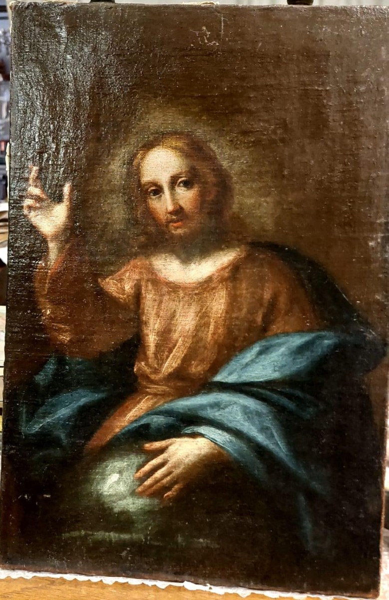 Antico olio su tela- Cristo benedicente -scuola italiana-photo-5