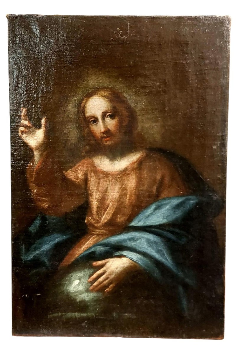 Antico olio su tela- Cristo benedicente -scuola italiana