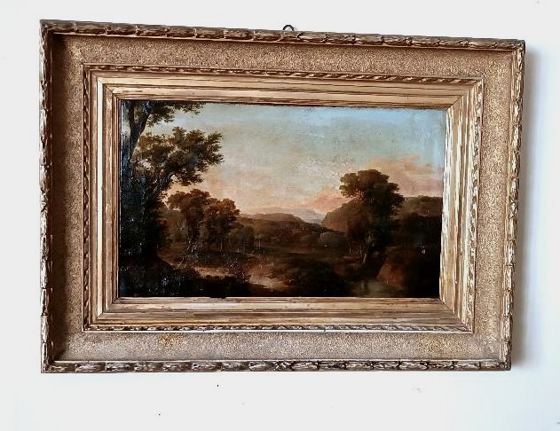 Antico dipinto su tela raffigurante paesaggio bucolico