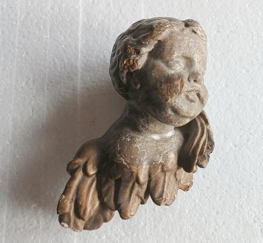 Testa angelo legno dorato e argentato XVIII secolo-photo-3