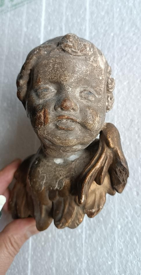 Testa angelo legno dorato e argentato XVIII secolo-photo-4