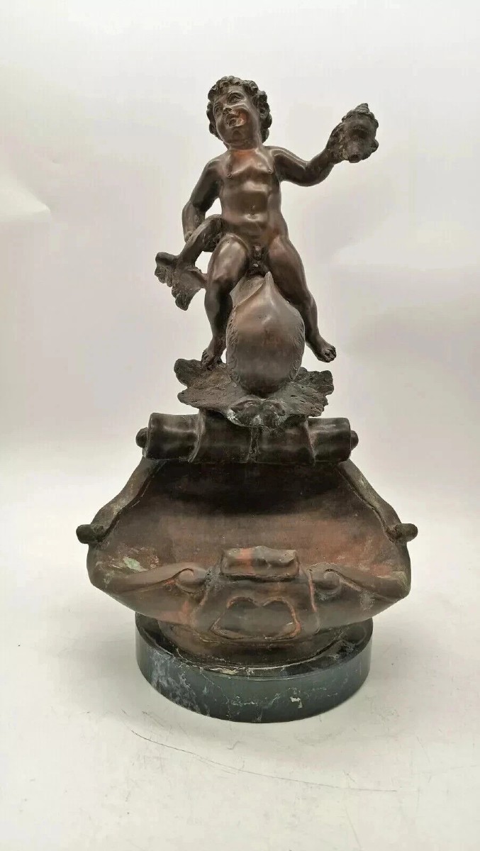 Scultura in bronzo antico " bambino delfino" firmata Vincenzo Cinque fine sec XIX '800-photo-2