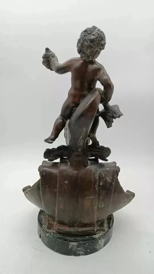 Scultura in bronzo antico " bambino delfino" firmata Vincenzo Cinque fine sec XIX '800-photo-4