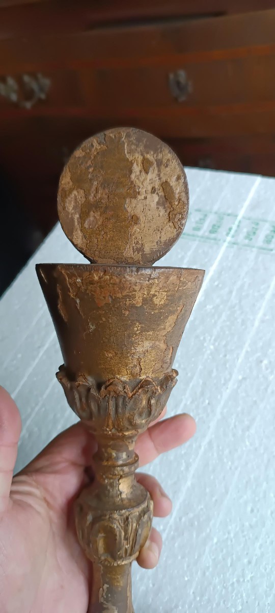 Antico calice in legno dorato decorativo liturgico-photo-2