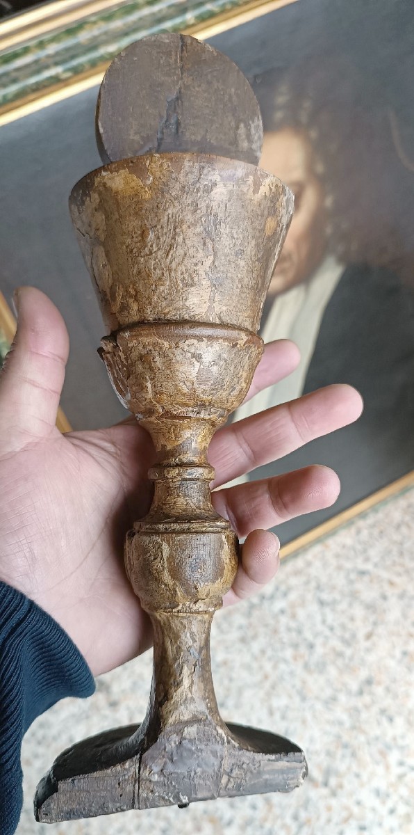Antico calice in legno dorato decorativo liturgico-photo-5
