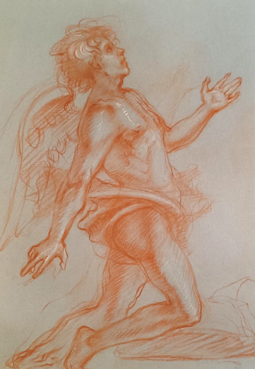 vecchio disegno a matita sanguigna su carta, mitologico, angelo-photo-3