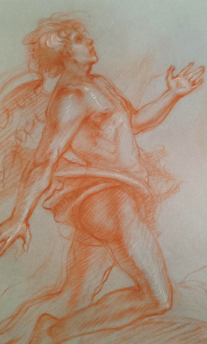 vecchio disegno a matita sanguigna su carta, mitologico, angelo-photo-2