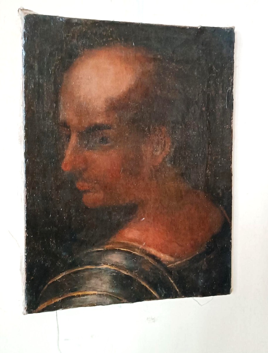 Antico olio su tela ,ritratto guerriero ,XVII secolo