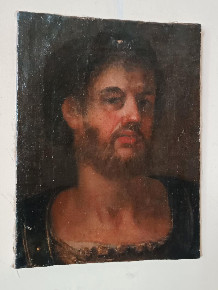 Antico olio su tela ,ritratto guerriero ,XVII secolo