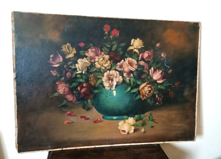 Grande dipinto olio su tela -Vaso con fiori -natura morta -fine 800 Italia-photo-2