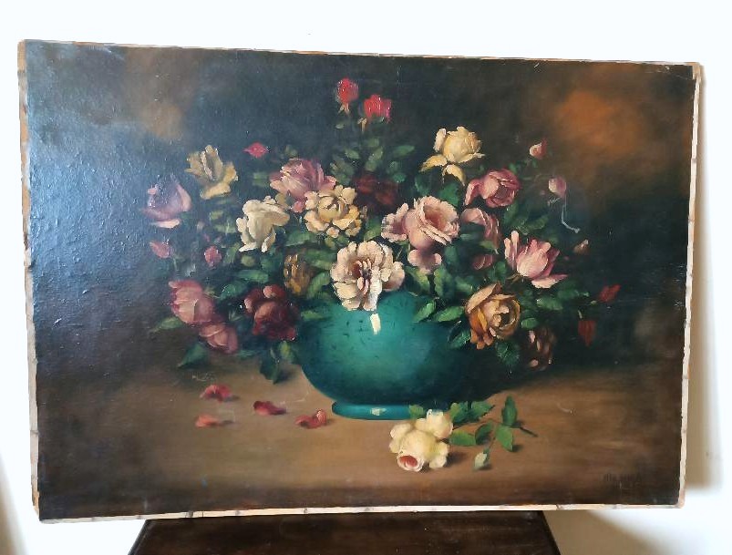 Grande dipinto olio su tela -Vaso con fiori -natura morta -fine 800 Italia-photo-3