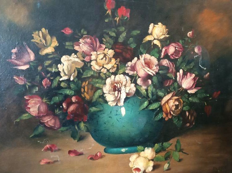 Grande dipinto olio su tela -Vaso con fiori -natura morta -fine 800 Italia-photo-4