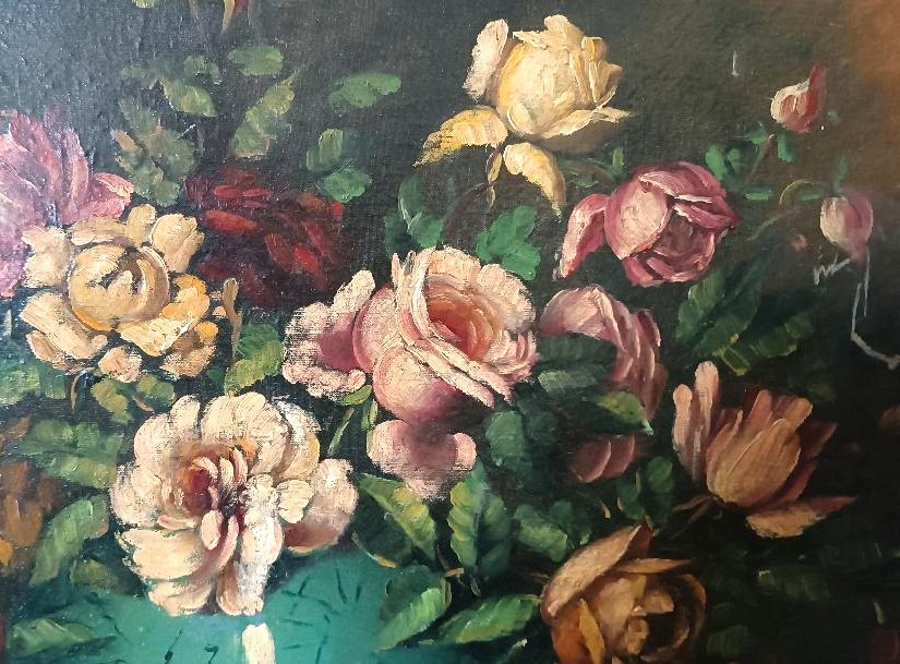 Grande dipinto olio su tela -Vaso con fiori -natura morta -fine 800 Italia-photo-2