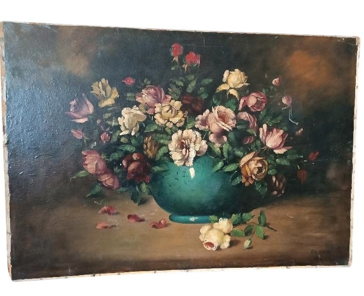 Grande dipinto olio su tela -Vaso con fiori -natura morta -fine 800 Italia