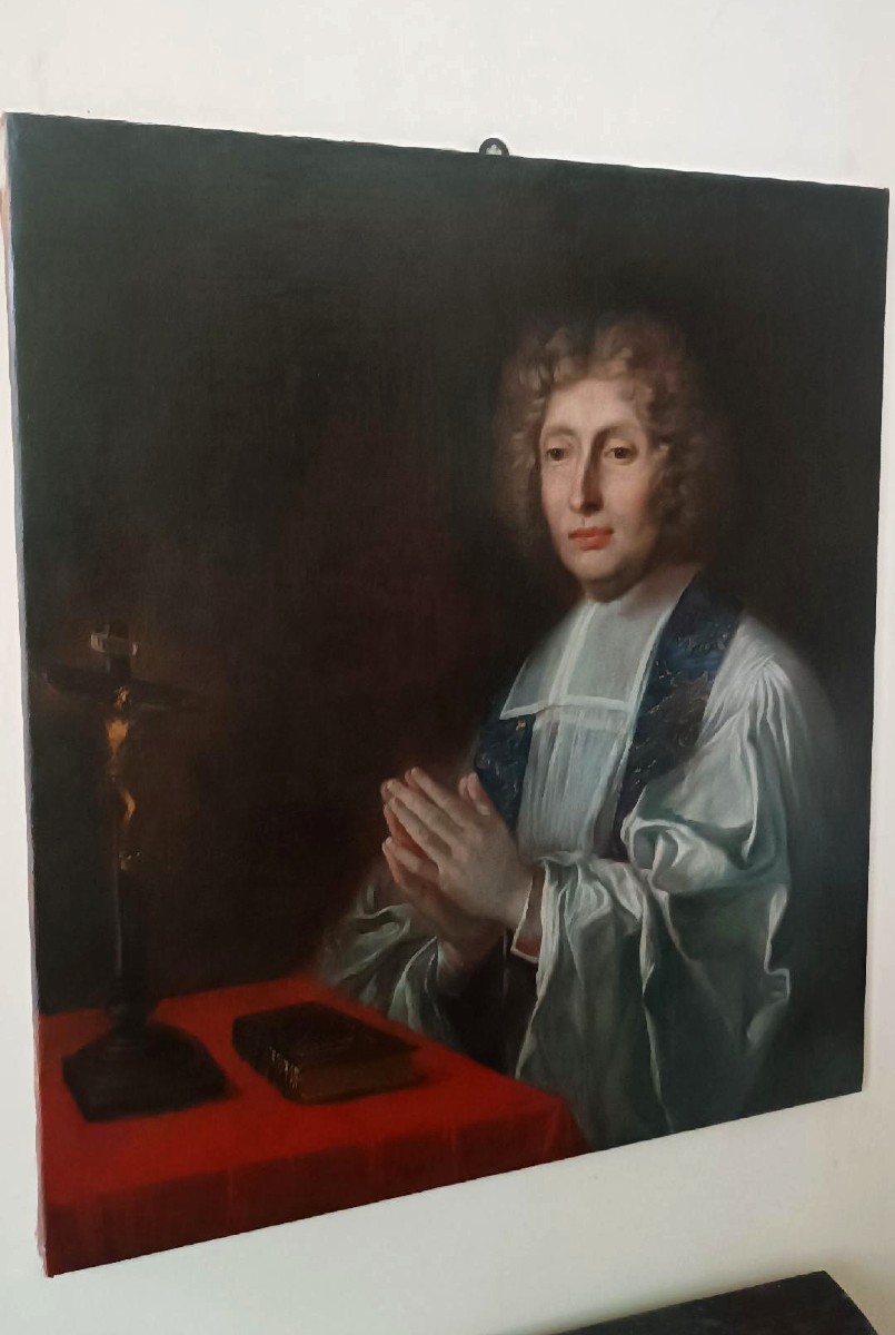 Antico dipinto su tela ritratto prelato ,scuola francese  XVIII secolo-photo-2