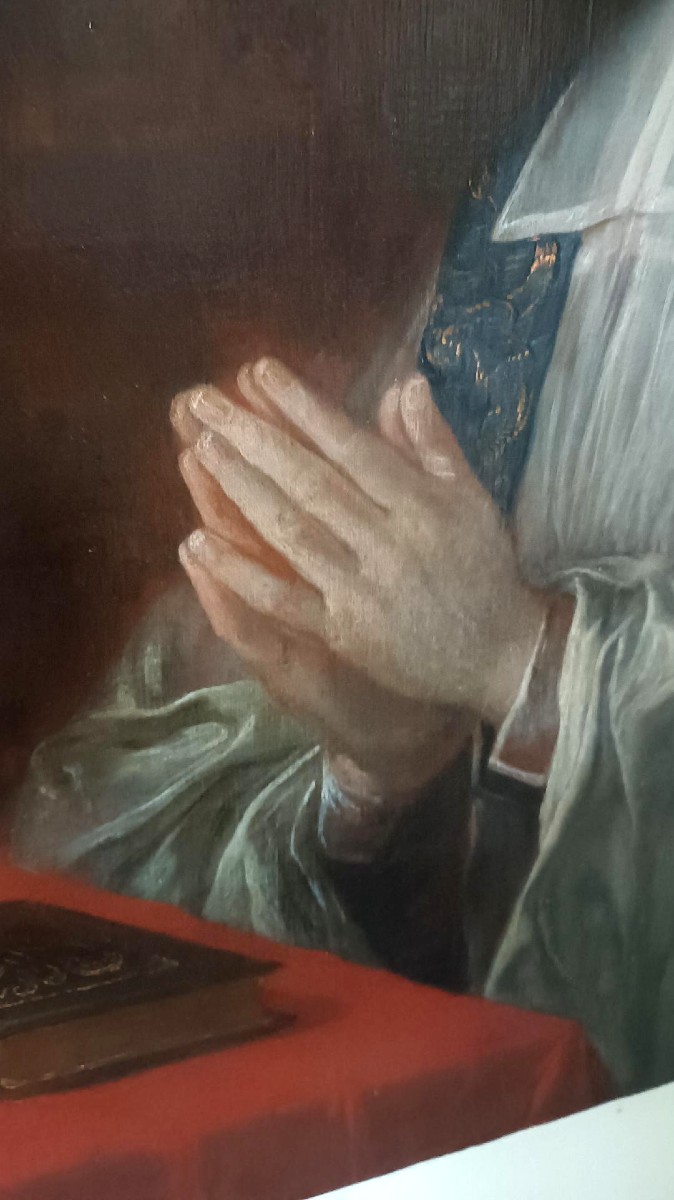 Antico dipinto su tela ritratto prelato ,scuola francese  XVIII secolo-photo-2