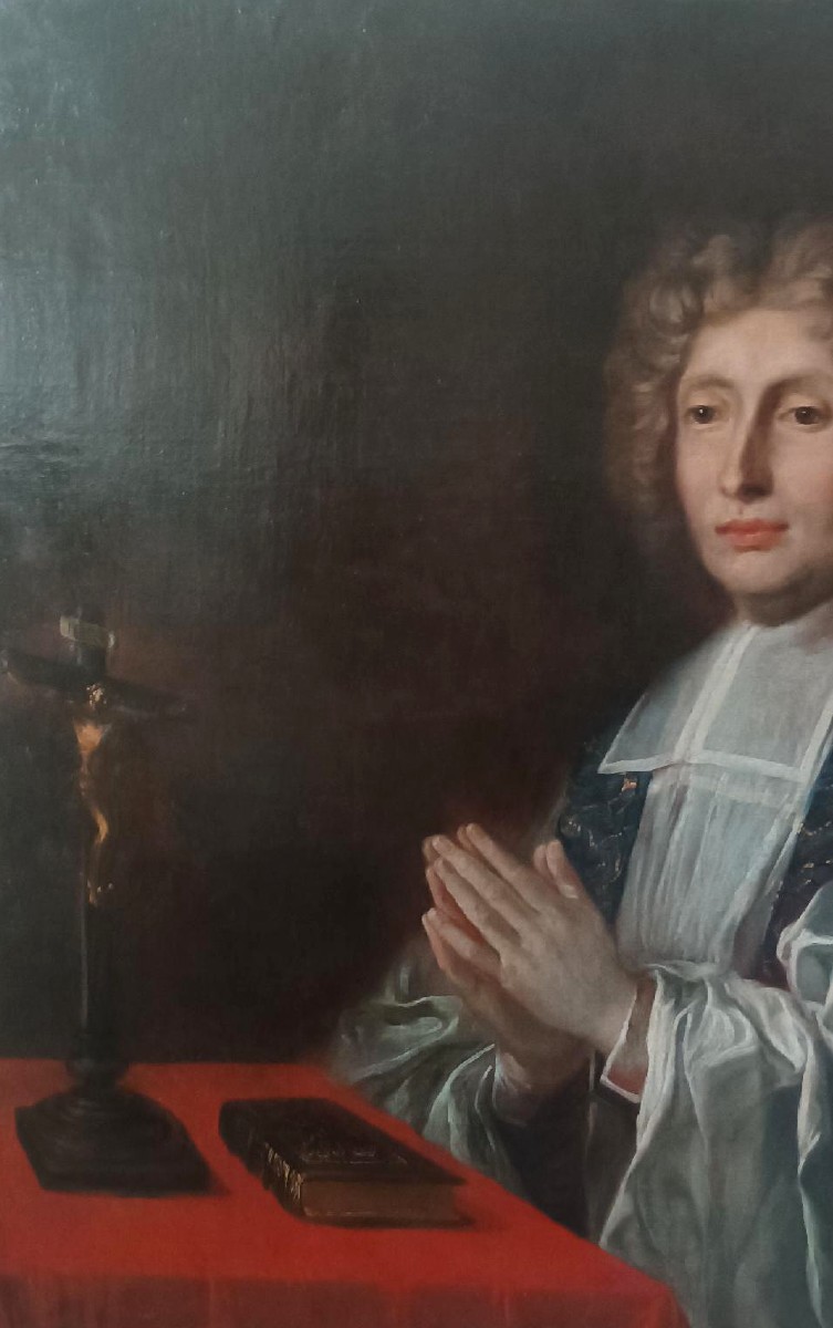 Antico dipinto su tela ritratto prelato ,scuola francese  XVIII secolo-photo-4