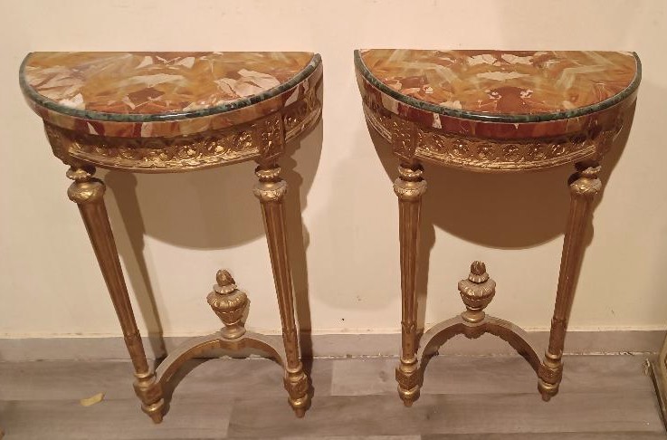 Coppia di piccole consolle in legno dorato stile Luigi XVI fine 800 Napoleone III-photo-3