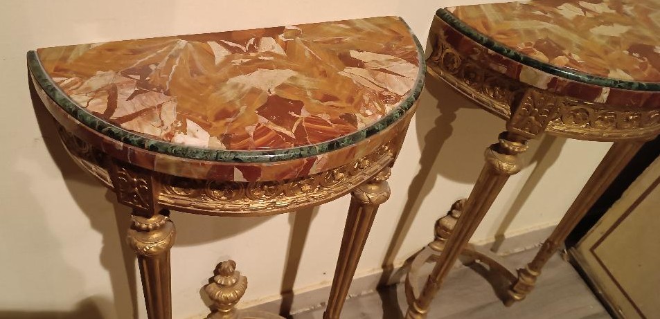 Coppia di piccole consolle in legno dorato stile Luigi XVI fine 800 Napoleone III-photo-5