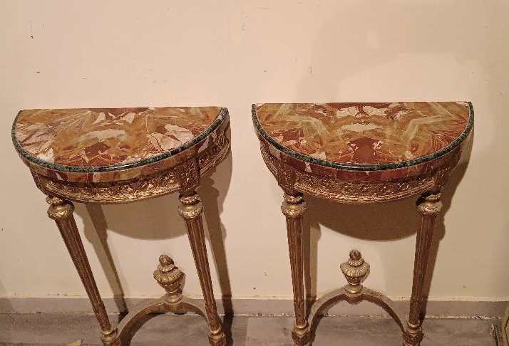 Coppia di piccole consolle in legno dorato stile Luigi XVI fine 800 Napoleone III-photo-6