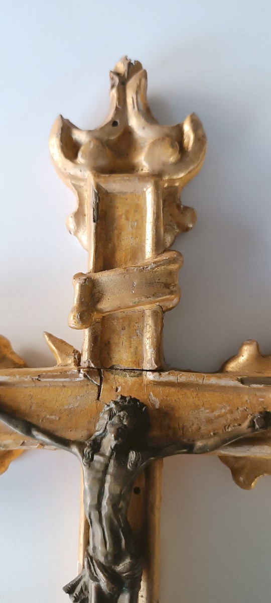 Antica croce in legno dorato XVIII secolo-photo-3