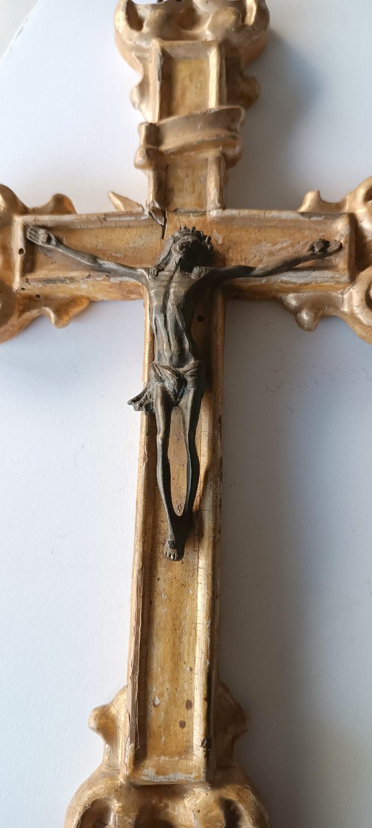 Antica croce in legno dorato XVIII secolo-photo-3