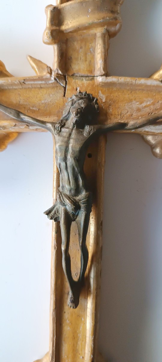 Antica croce in legno dorato XVIII secolo-photo-4