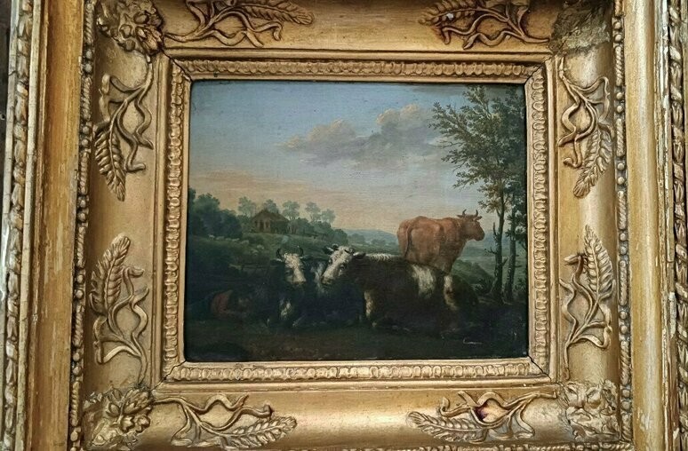 Coppia dipinti antichi su legno, paesaggio bucolico-photo-2