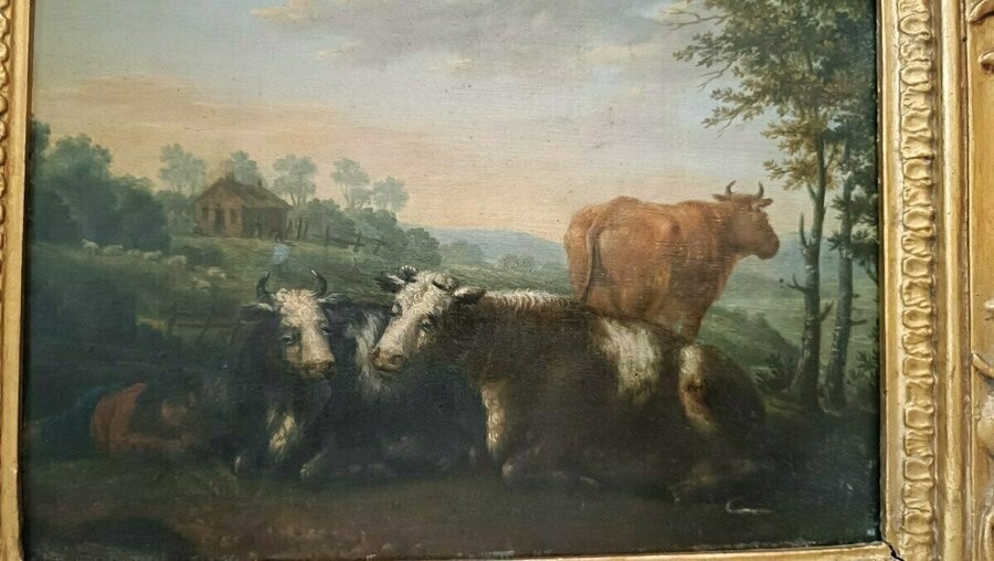 Coppia dipinti antichi su legno, paesaggio bucolico-photo-2