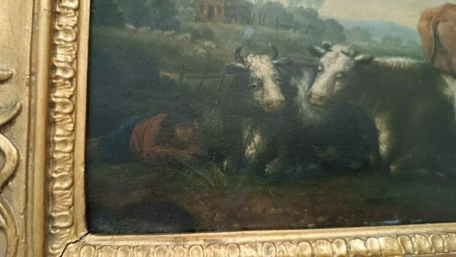 Coppia dipinti antichi su legno, paesaggio bucolico-photo-3