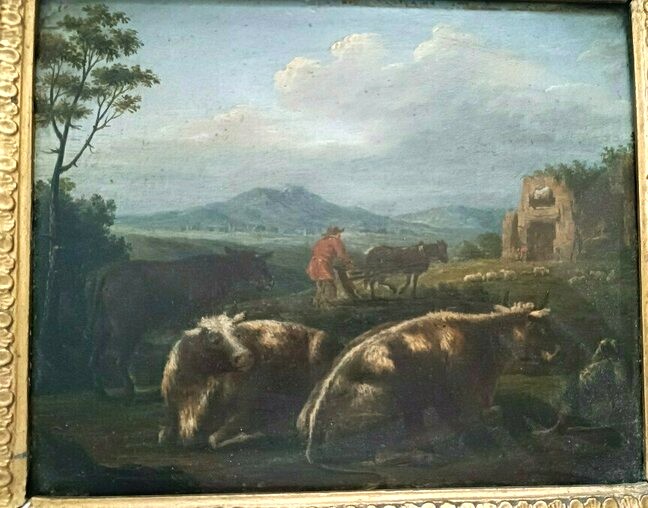 Coppia dipinti antichi su legno, paesaggio bucolico-photo-5