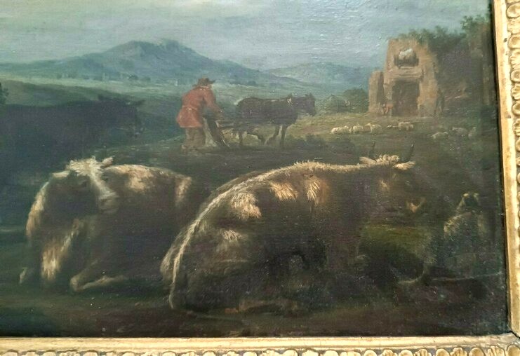 Coppia dipinti antichi su legno, paesaggio bucolico-photo-6