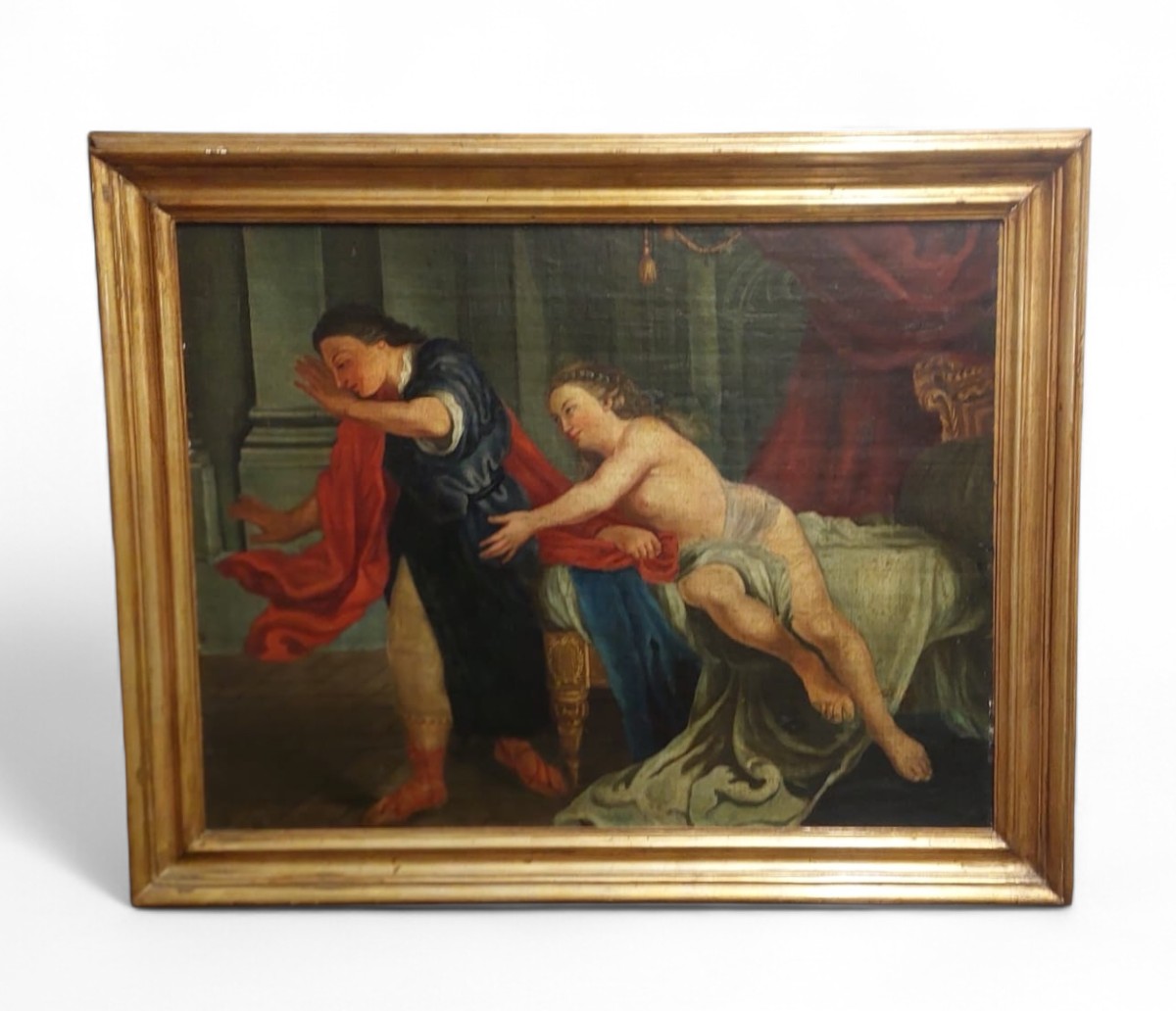 DIPINTO OLIO SU TELA  SCENA BIBLICA GIUSEPPE E LA MOGLIE DI PUTIFARRE FINE XVIII SEC