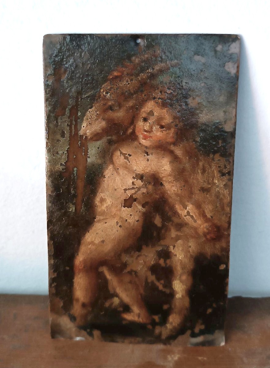Antico dipinto su rame XVIII secolo , Eros con capra