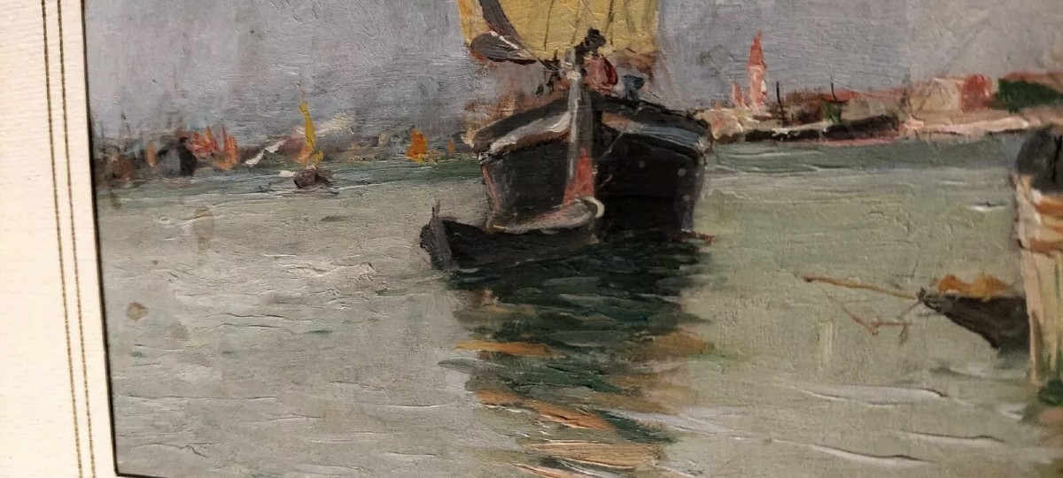 Dipinto Marina , Laguna Venezia , Olio Su Tavola Primi 900 Italia-photo-3