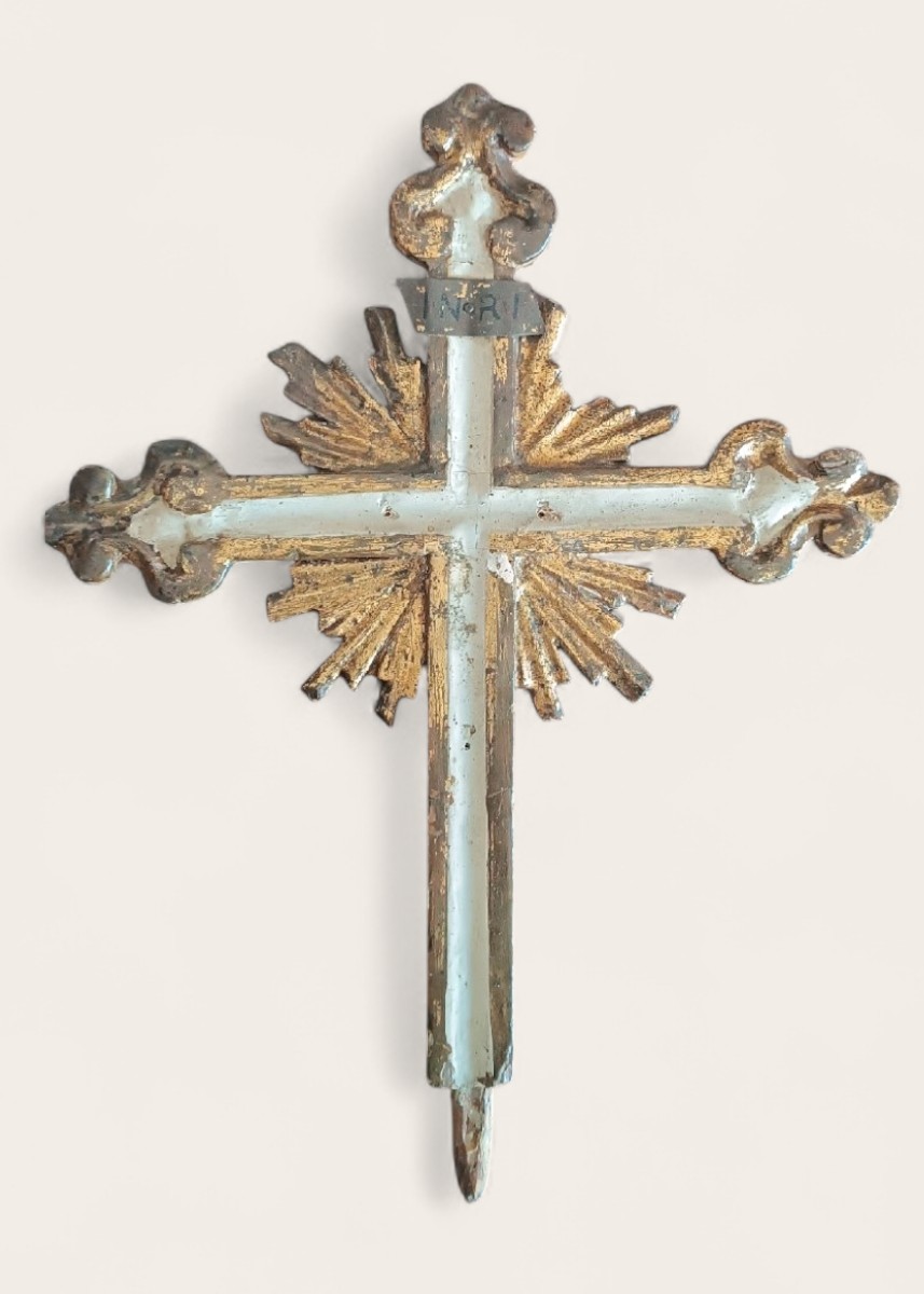 Antica croce barocca in legno laccato e dorato XVIII secolo
