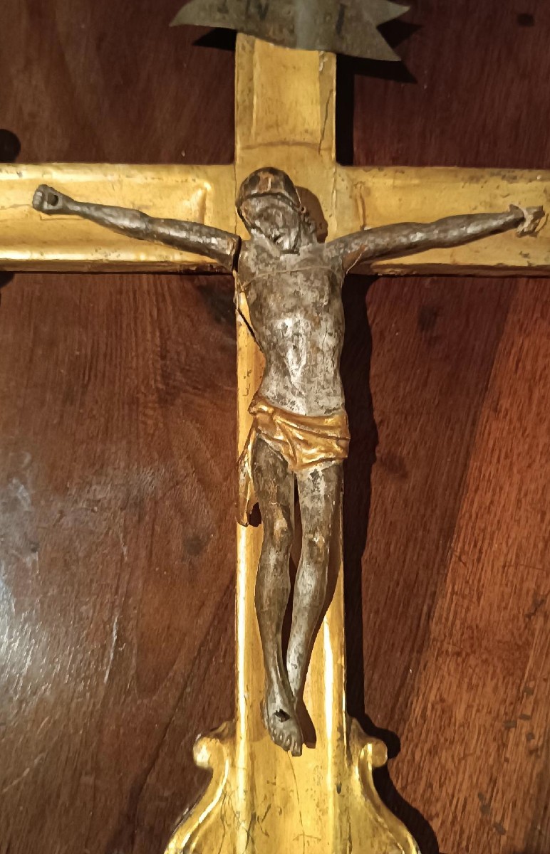 Antico grande crocifisso in legno dorato con cristo XVIII secolo italia-photo-4