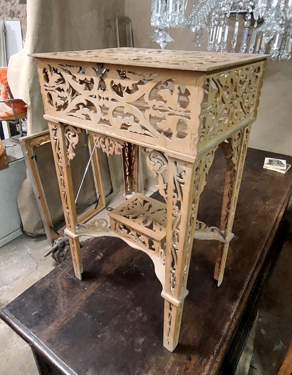 RARO TAVOLINO LEGNO A TRAFORO DITTA AMATI TORINO ANTICO-photo-3