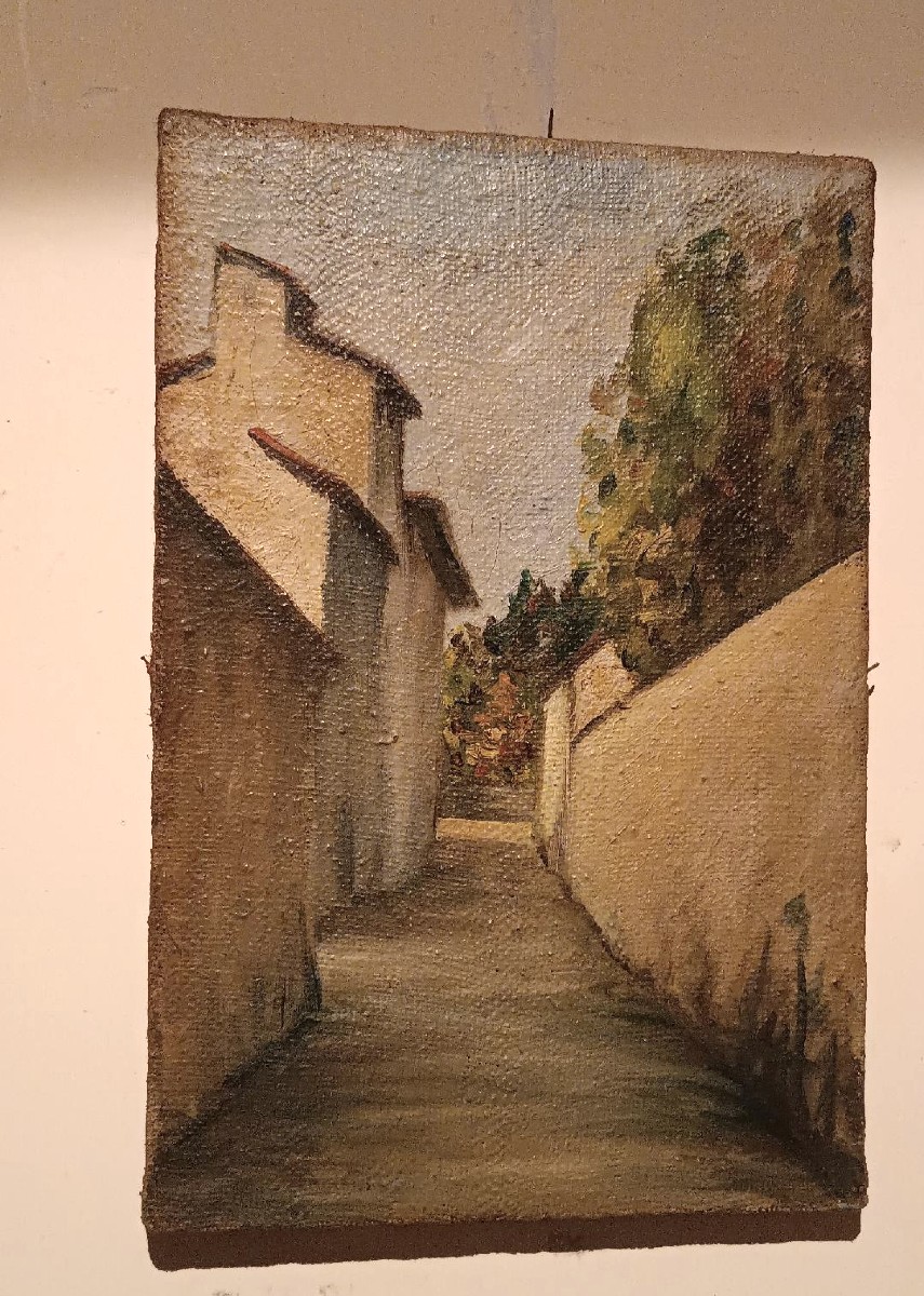 dipinto antico fine 800 scorcio paese olio su tela-photo-2