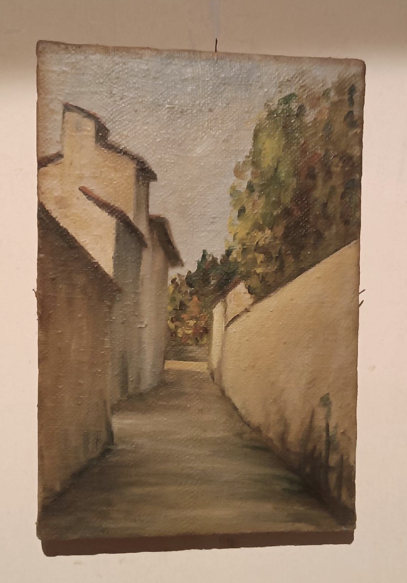 dipinto antico fine 800 scorcio paese olio su tela