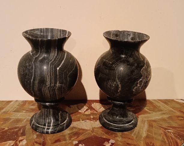 Coppia vasi ad urna in marmo nero serpentino primi 900 stile impero-photo-2