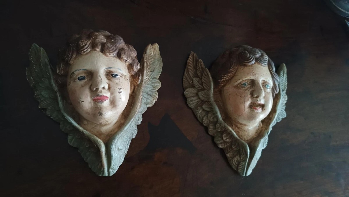 Coppia di volti d'angelo in legno policromo FINE XIX SECOLO-photo-2
