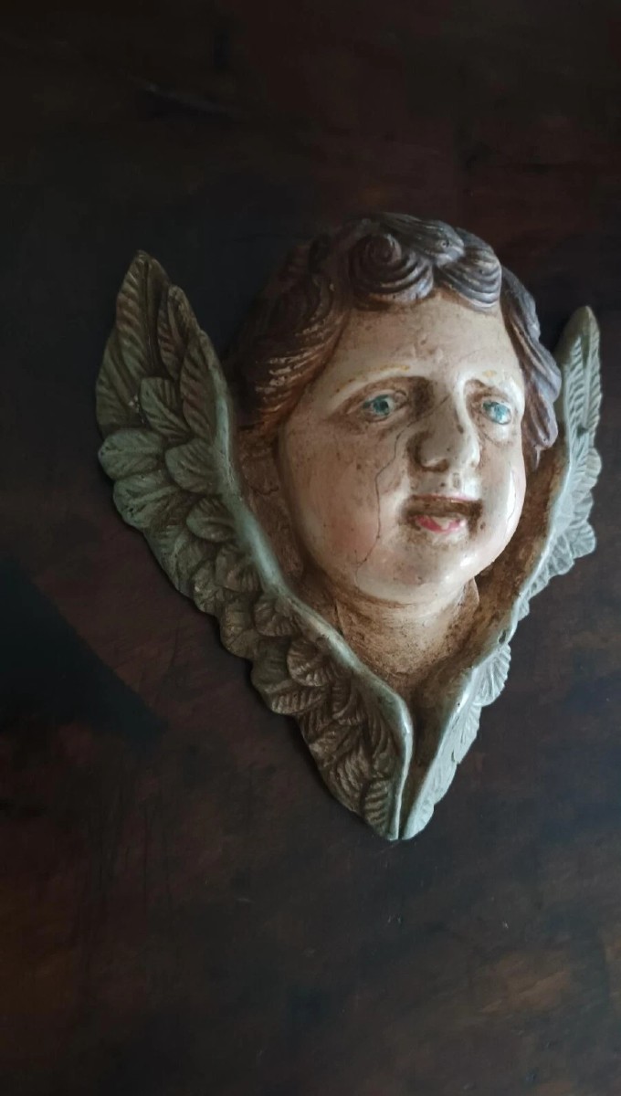 Coppia di volti d'angelo in legno policromo FINE XIX SECOLO-photo-1