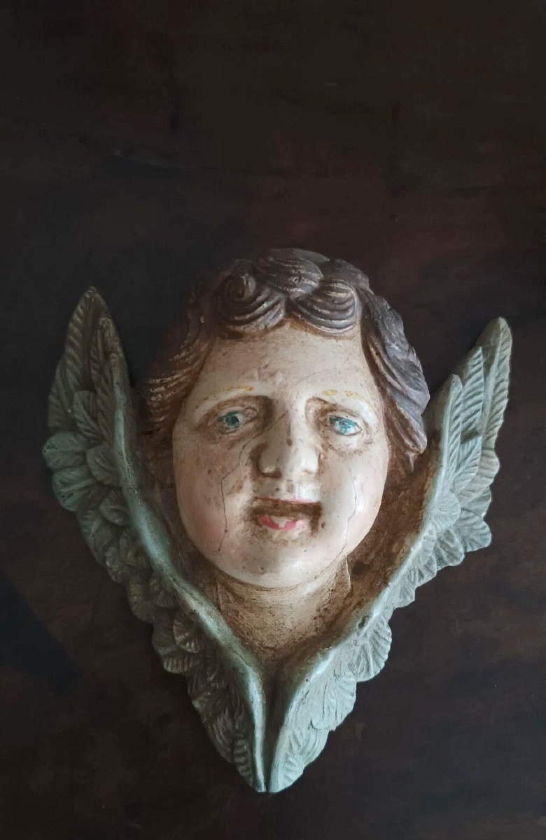 Coppia di volti d'angelo in legno policromo FINE XIX SECOLO-photo-2