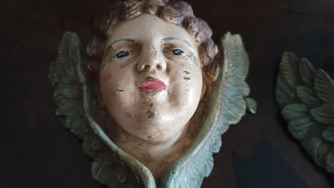 Coppia di volti d'angelo in legno policromo FINE XIX SECOLO-photo-4