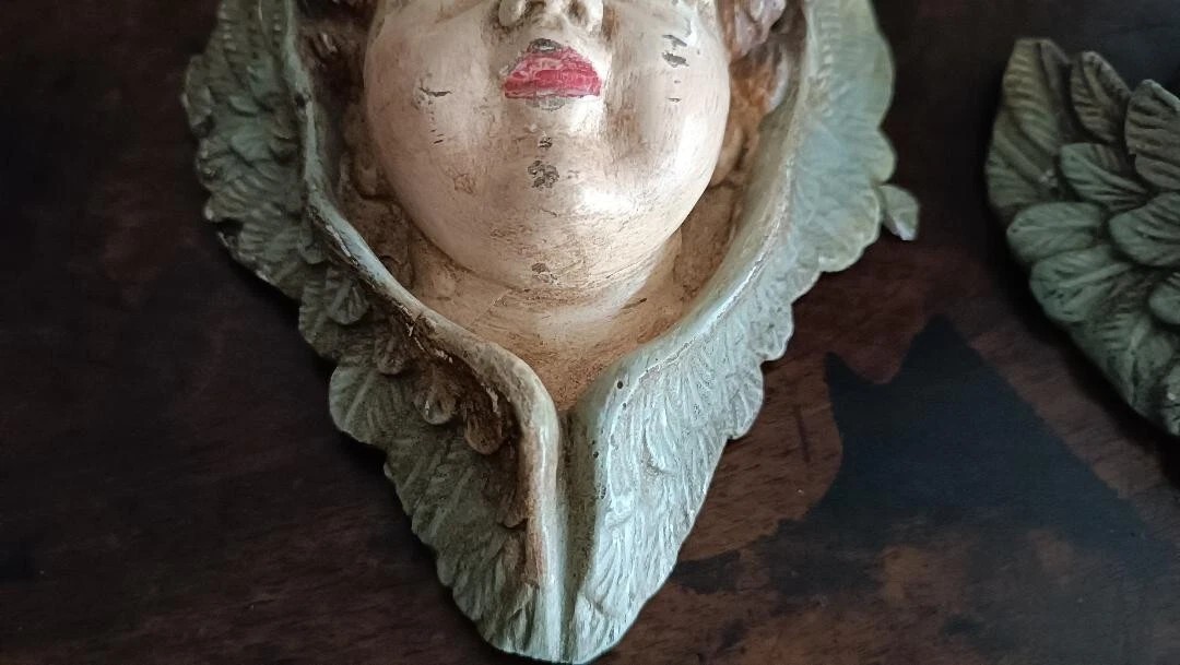 Coppia di volti d'angelo in legno policromo FINE XIX SECOLO-photo-5