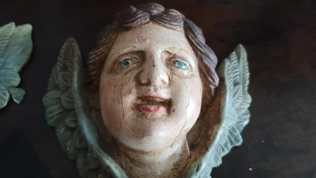 Coppia di volti d'angelo in legno policromo FINE XIX SECOLO-photo-6